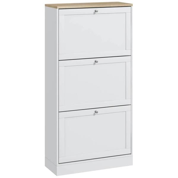 White compact shoe cabinet with three front drawers and light wood top