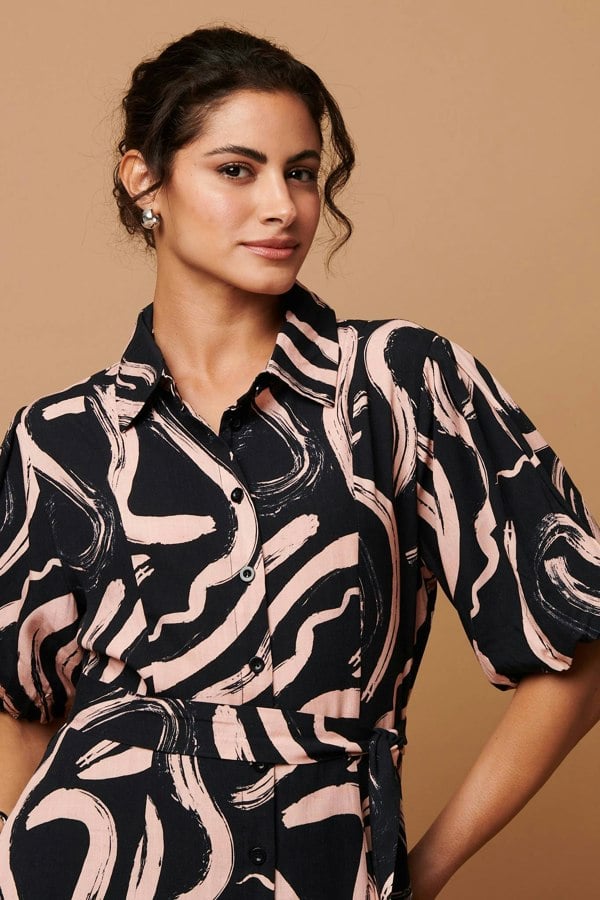 Pink | Brushstroke Print Short Shirt Dress