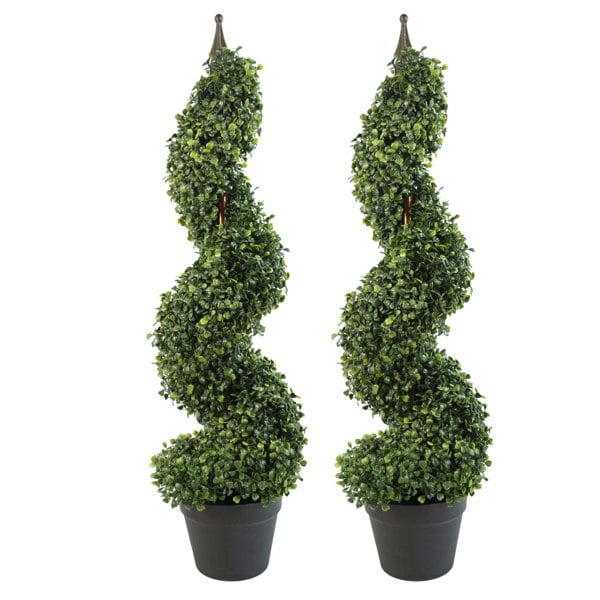 Leaf Pair of 90cm (3ft) Tall Artificial Boxwood Tower Trees Topiary Spiral Metal Top