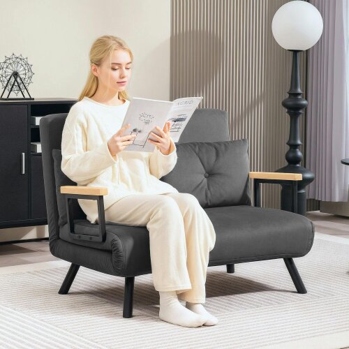 Wyld Haus Dima Velvet Dark Grey 4 In One Convertible Double Sofa Bed With Cushions and Wooden Armrests