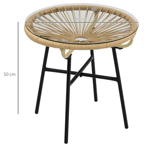 Rattan Side Table, Round Outdoor Coffee Table, with Round PE Rattan and Tempered Glass Tabletop for Patio, Garden, Balcony, Beige