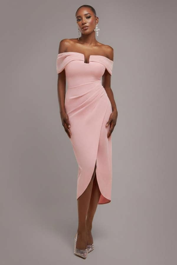Off The Shoulder Chiffon Wing Scuba Crepe Midi Dress - Blush Pink DR4584