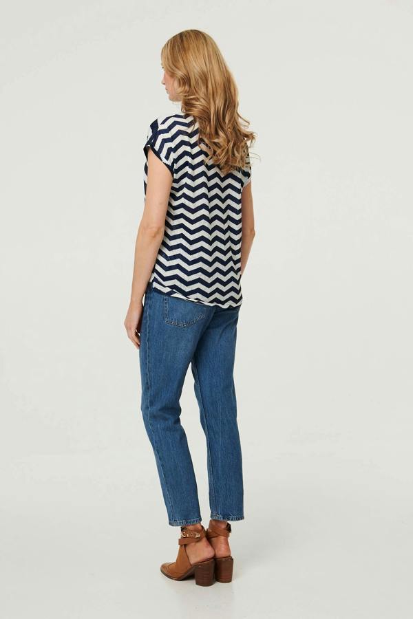 Navy | Zig Zag Cap Sleeve Slim Fit Top
