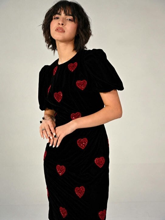 Rose & Nancy Rosheen Black Velevt Hand Embellished Heart Mini Dress