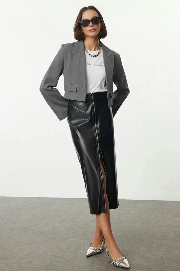 WOVCOR Midi Shiny Faux Leather Woven Skirt with Zipper Detail