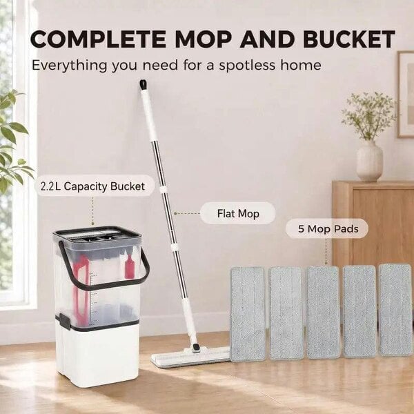 Bobobiy Mop and Bucket Set, Compact Flat Mop and Bucket with Wringer, 2-Port Design, 5 Reusable Microfiber Pads, White