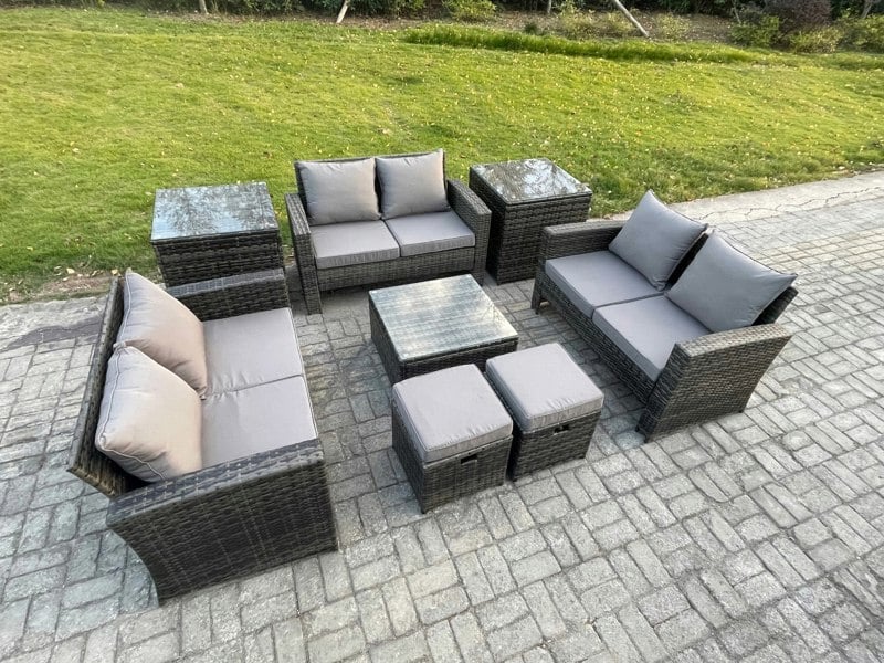 Fimous Outdoor Lounge Sofa Set - Dark Grey Mixed PE Wicker Rattan Garden Furniture with Square Coffee Table & 2 Small Footstools