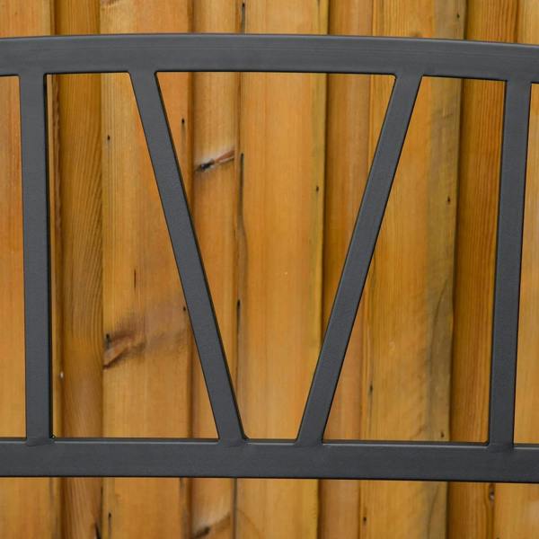 Black metal loveseat bench backrest with V-shaped slat panel