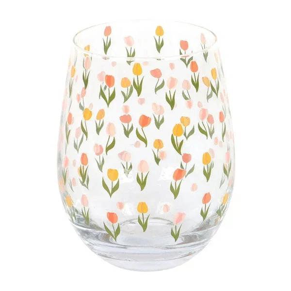 Stemless tulip-print glass with scattered tulip flowers in yellow and pink