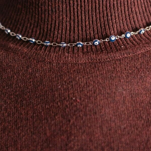 The Colourful Aura Evil Eye Blue Devil Eye Bead Minimalist Adjustable Turkish Boho Nazaria Necklace - Silver