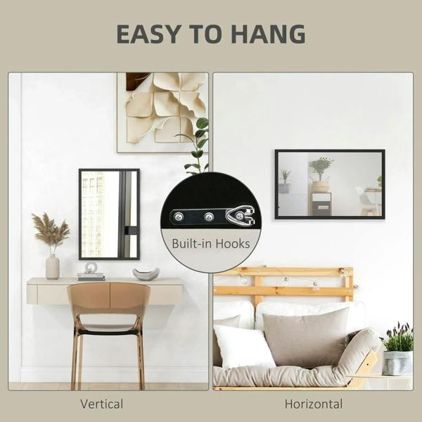 Wall mirror with built-in hooks, shown for vertical and horizontal mounting