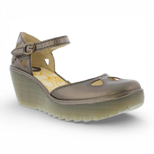 Fly London YUNA - Women’s Bronze Brown Leather Wedge Sandals