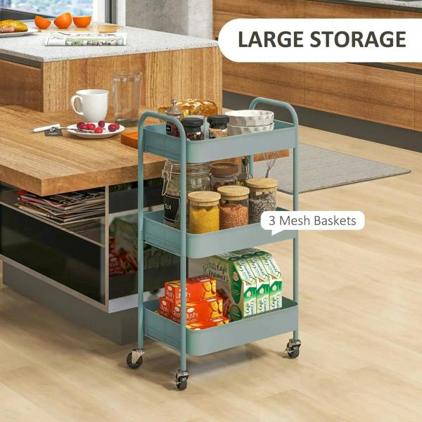 Light blue three-tier steel storage trolley holding kitchen jars, boxes, and cookware