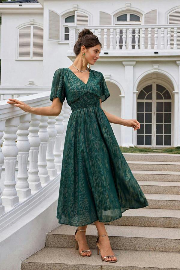 FS Collection Angel Sleeve Gold Stripe Foil Midi Dress In Green