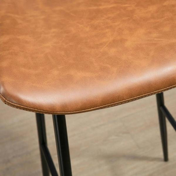 Brown PU leather bar stool seat with rounded front edge and black steel frame
