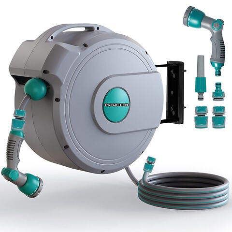 ProKleen Pro-Kleen Garden Hose Reel Pipe, Retractable Wall Mounted, Auto Lock & Rewind, 10 Function Gun & Nozzle 20m