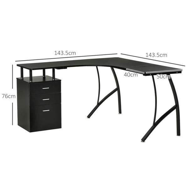 Black L-shaped desk workstation with storage drawer, shown with size markings