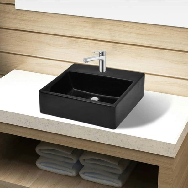 Berkfield Ceramic Bathroom Sink Basin with Faucet Hole Black Square