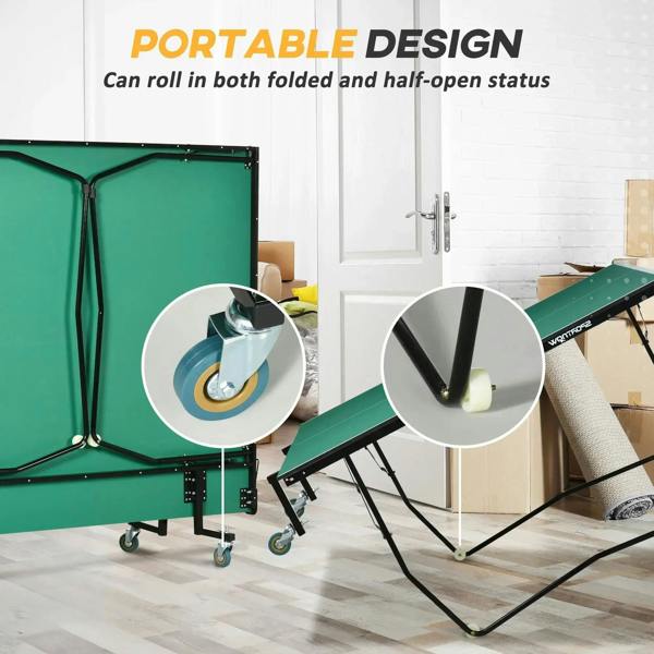 Folded green tennis table corner with caster wheels and black steel frame, half-open
