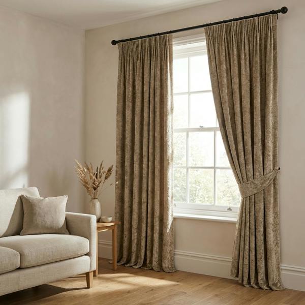 Athens made-to-measure curtains in Tannin, styled in a living room