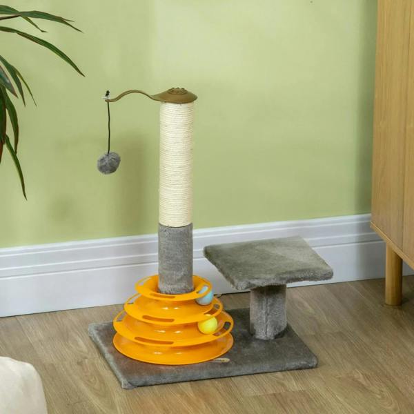 Grey cat tree tower with sisal post, hanging ball, and cushioned side perch platform