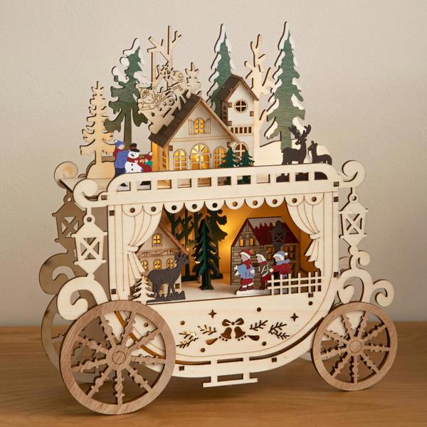 Samuel Alexander 25cm Battery Powered Light Up Wooden Christmas Carriage Village with Warm White LEDs
