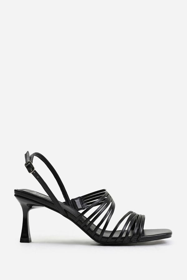 Where's That From Sammi Square Toe Low Block Slingback Heel With Multi Strap Detail in Black Faux Leather