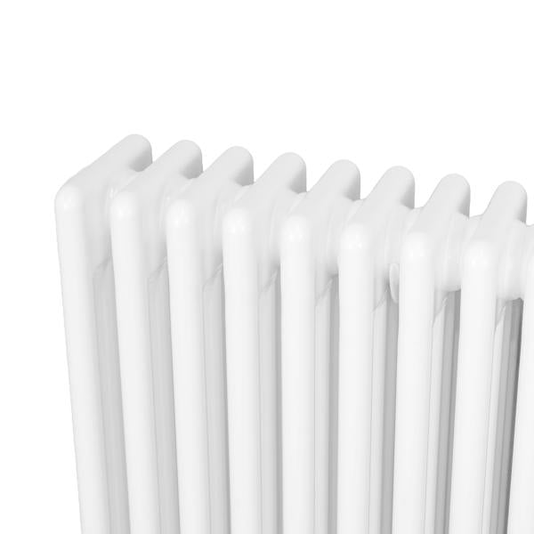 Traditional 4 column radiator in white, featuring a sleek design with smooth, glossy finish and rounded edges, measuring 300 x 1370mm