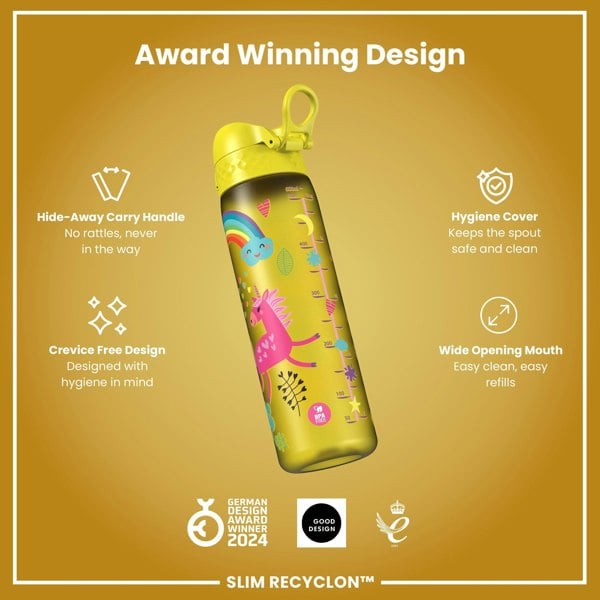 ION8 Leak Proof Slim Water Bottle, Recyclon, Yellow Unicorns, 500ml (18oz)