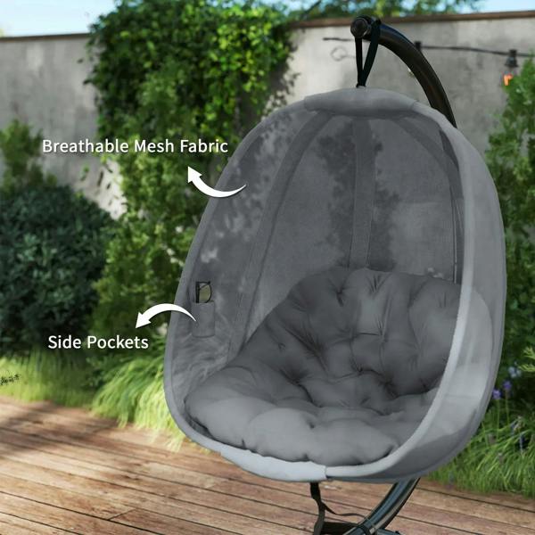 Grey breathable mesh egg chair swing with side pockets and padded cushion