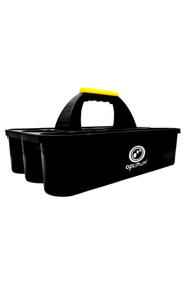 Empty black Optimum water bottle carrier with yellow-topped carry handle on white - Optimum