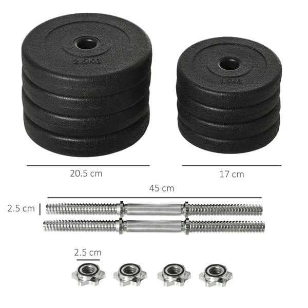 Black stacked weight plates for an adjustable dumbbell, shown with size labels