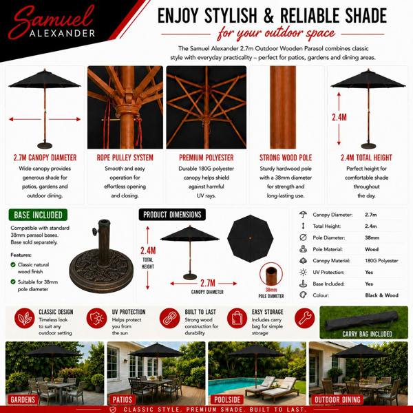 Samuel Alexander 2.7m Outdoor Wooden Garden Parasol Sun Shade with Carry Bag in Black with 9kg Base Included
