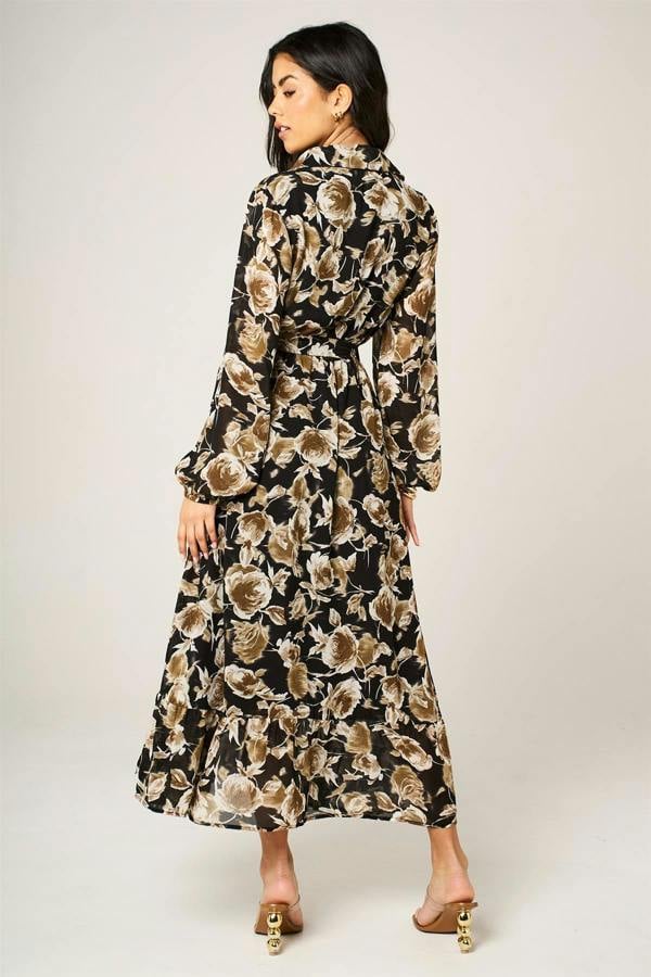 FS Collection Brown Floral Print Shirt Midi Dress In Black