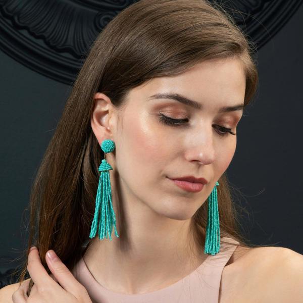Long Turquoise Blue Beaded Tassel Earrings for Women - namana.london