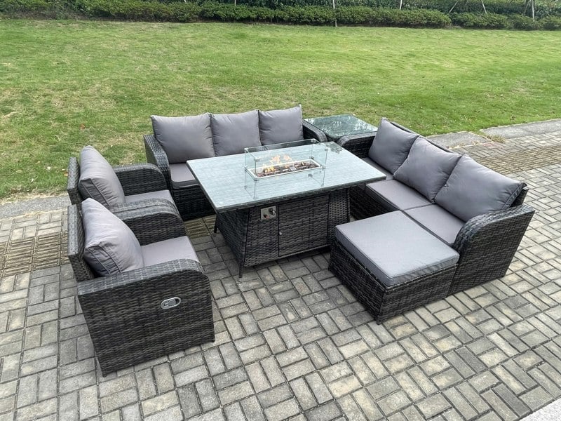 Fimous Rattan Outdoor Garden Furniture Set with Gas Fire Pit Table, 2 Sofas, 2 Reclining Chairs, 1 Side Table, 1 Footstool - 9 Seater - Dark Grey