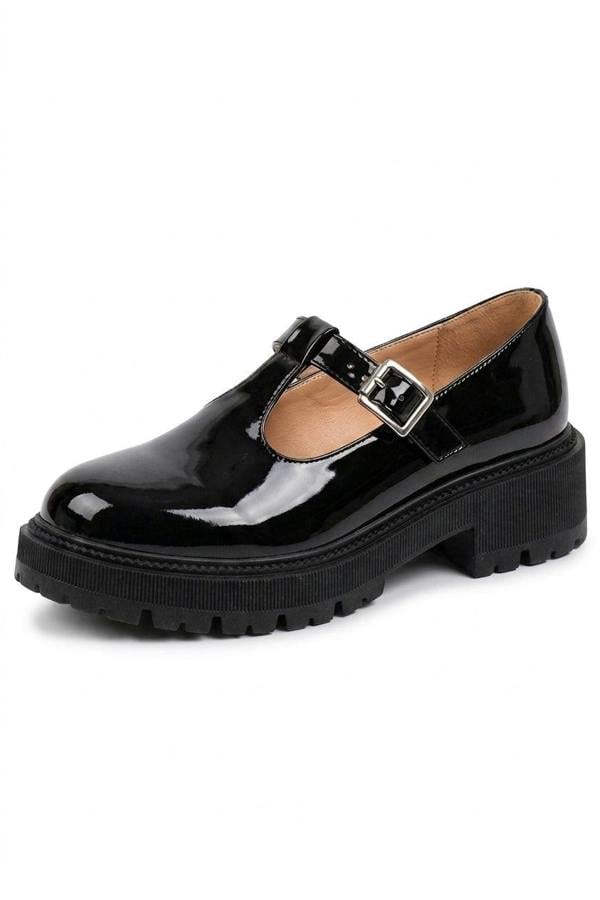 Saoirse Chunky Sole Patent T-Bar Shoes - Black_wb
