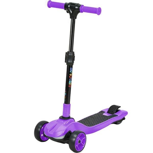 Purple three-wheel foldable electric kids scooter with black handlebar and deck wheels
