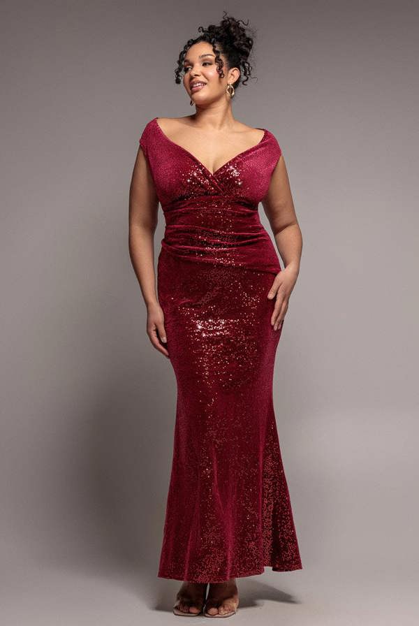 Goddiva Plus Sequin & Velvet Bardot Maxi Dress - Wine by Goddiva Plus