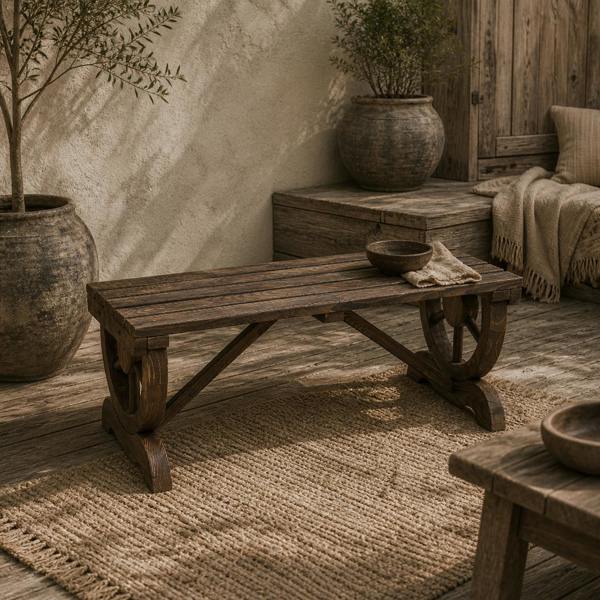 Wyld Haus Vini Wood Brown Rustic Garden Bench With Wagon Wheel Legs And Slatted Seat For 2