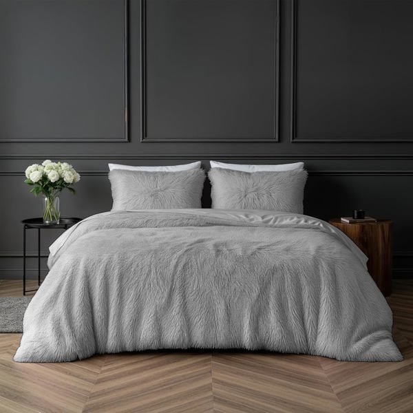 Smart Living Teddy Long Pile Faux Fur Duvet Cover with Pillowcases - Silver