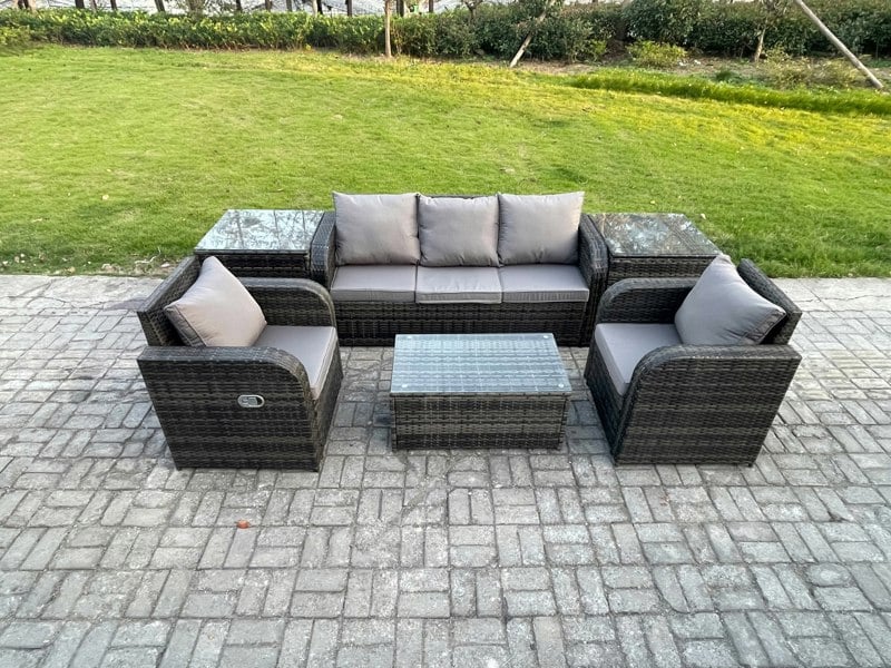Fimous Outdoor Rattan Garden Furniture Set Patio Lounge Sofa Set with Reclining Chair Rectangular Coffee Table 2 Side Tables Dark Grey Mixed