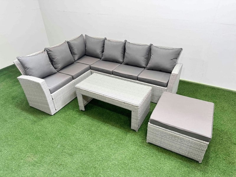Fimous Rattan Garden Furniture Set Outdoor 7 Seater Corner Sofa Sets with Oblong Coffee Table Big Footstool Light Grey Mixed