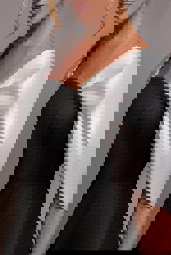 Contrast Off Shoulder Back Satin Bow Scuba Mini Dress - Black Cream DR4713CONTRAST