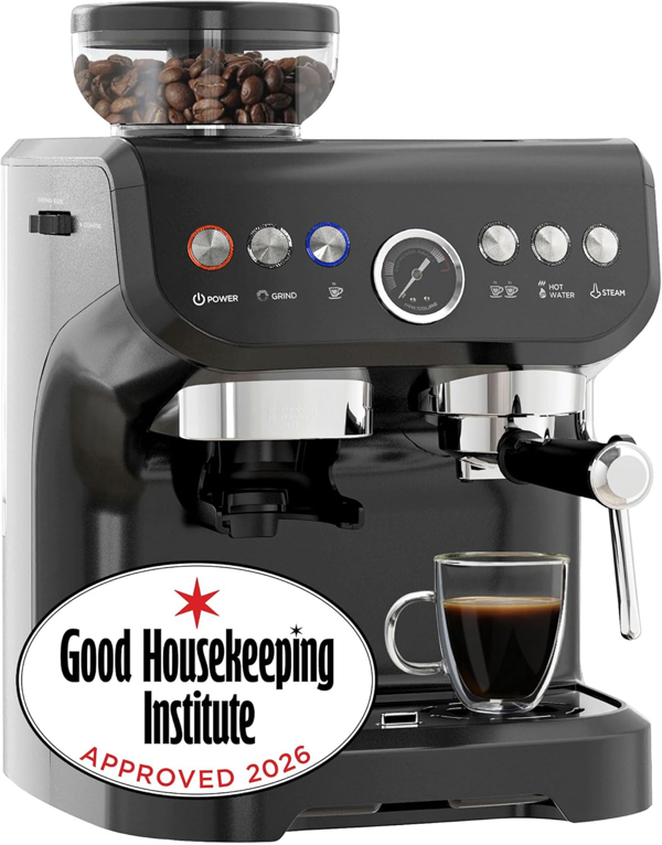 HOMCOM Espresso Machine, Bean Grinder & Steam Wand, 15 Bar Pressure