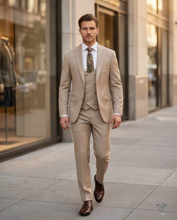 A man walking on a city sidewalk wearing a light beige three-piece suit with a white dress shirt, a patterned brown and beige tie, and dark brown dress shoes.