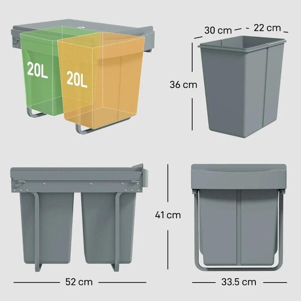 Pull Out Bin, Kitchen Under Sink Bin with 2 Removable Compartments, Smooth Glide, Grey