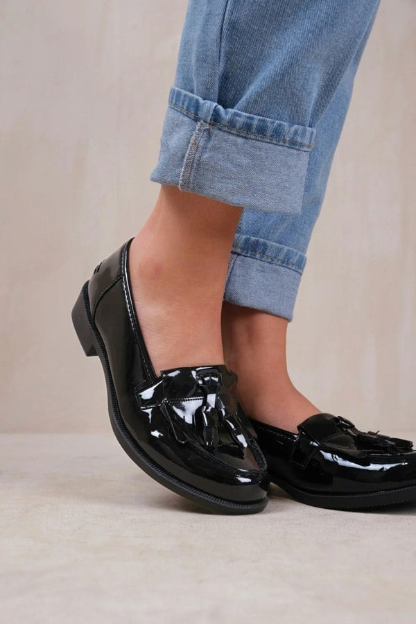 Where's That From Imogen Wide Fit Flatform Slip on Loafers Shoes With Tassle in Black Patent