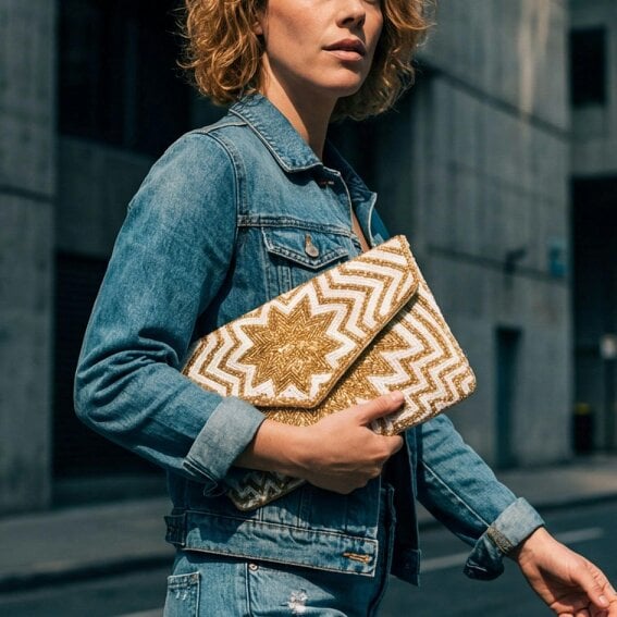 Gold Trip Star Beaded Clutch Bag