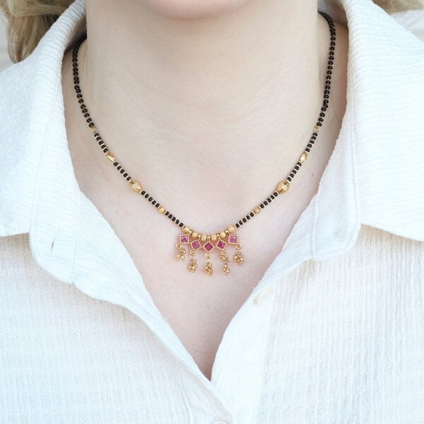 The Colourful Aura Indian Nazarian Gold Mangalsutra Black Beads Pendant Necklace